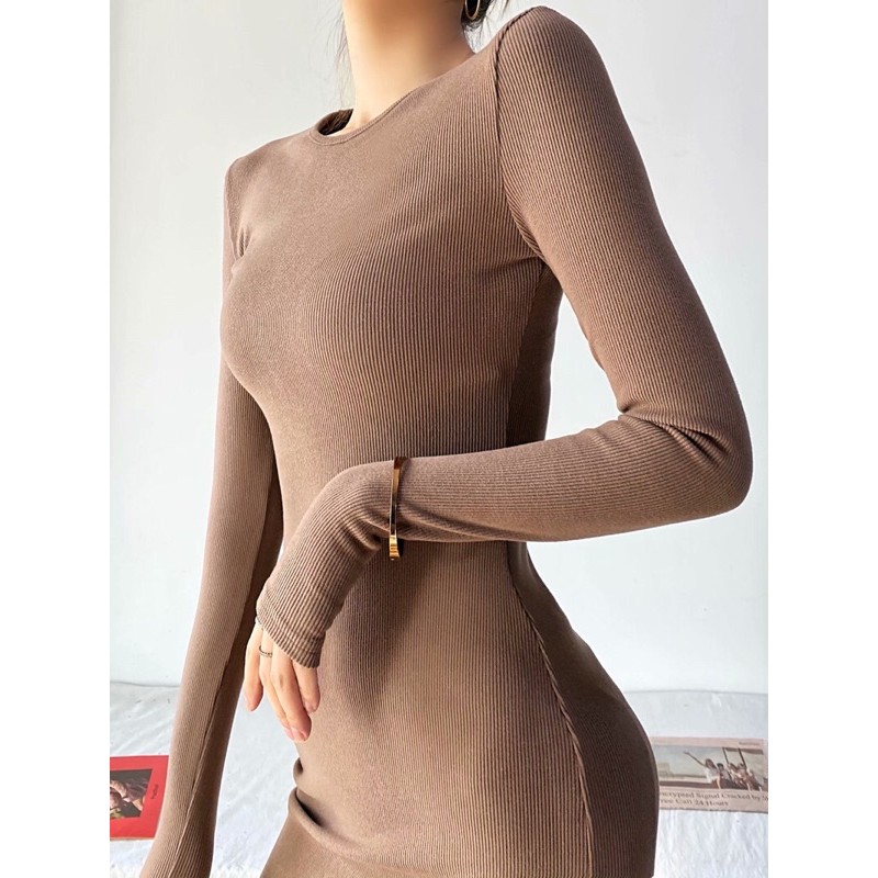 Váy body ôm cổ tròn dài tay dáng dài 358222-2