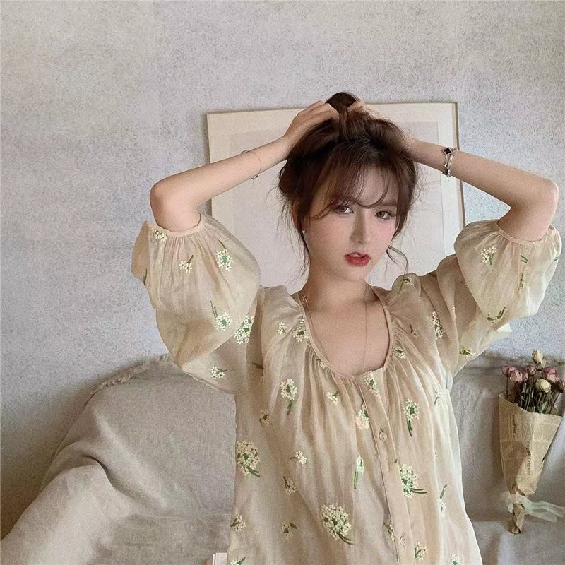 Áo Sơ Mi Voan Dài Tay Thêu Hoa Phong Cách Hàn Quốc Cho Nữ baju baju wanita Lenan panjang