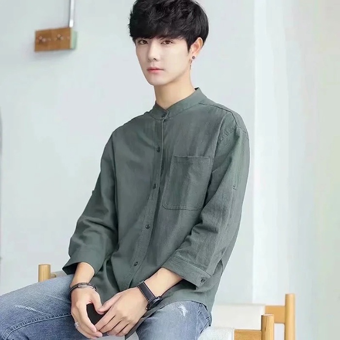 Áo đũi nam cổ tầu tay lỡ dáng sơ mi trẻ trung, thời trang phong cách Hàn