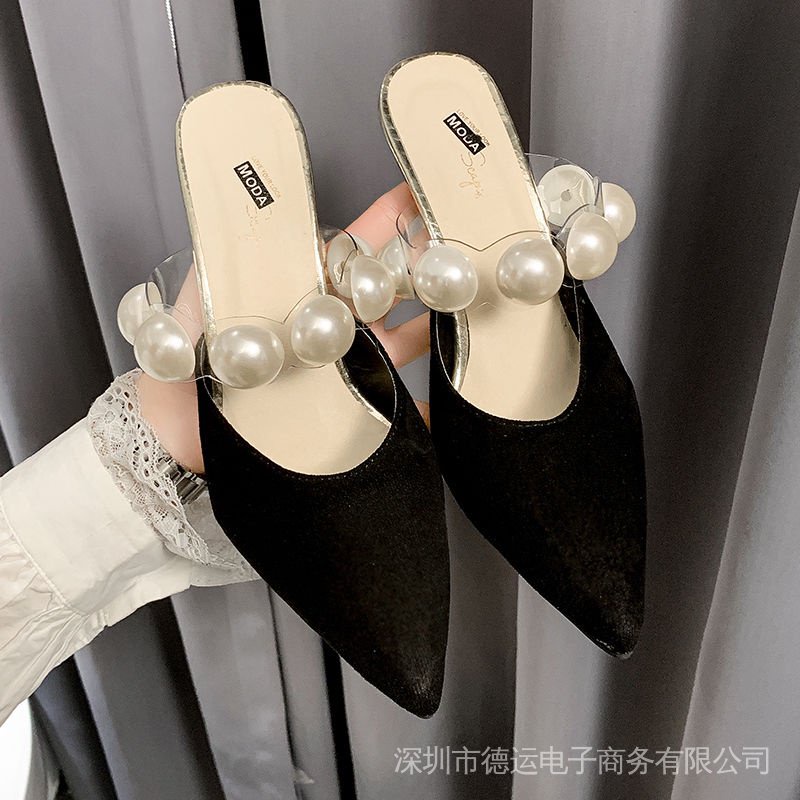 Dép Cao Gót 8cm Mũi Nhọn Đính Ngọc Trai Thời Trang Mùa Hè Dành Cho Nữ（Small, recommended +1 yard）