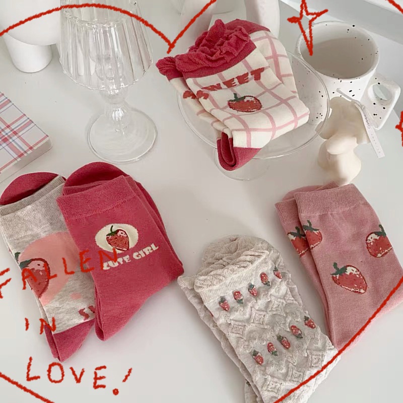 Vớ viền bèo kẻ sọc phối ren họa tiết dâu tây/ chữ cái mềm mại phong cách Nhật Bản đáng yêu cho học sinh nữ