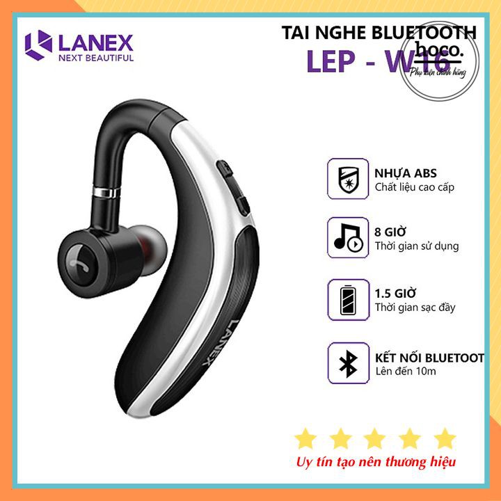 Tai Nghe Bluetooth 1 Bên LANEX LEP-W16 V5.0 Có Hỗ Trợ Mic - Tương Thích Nhiều Thiết Bị - Kiểu Dáng Nam Tính
