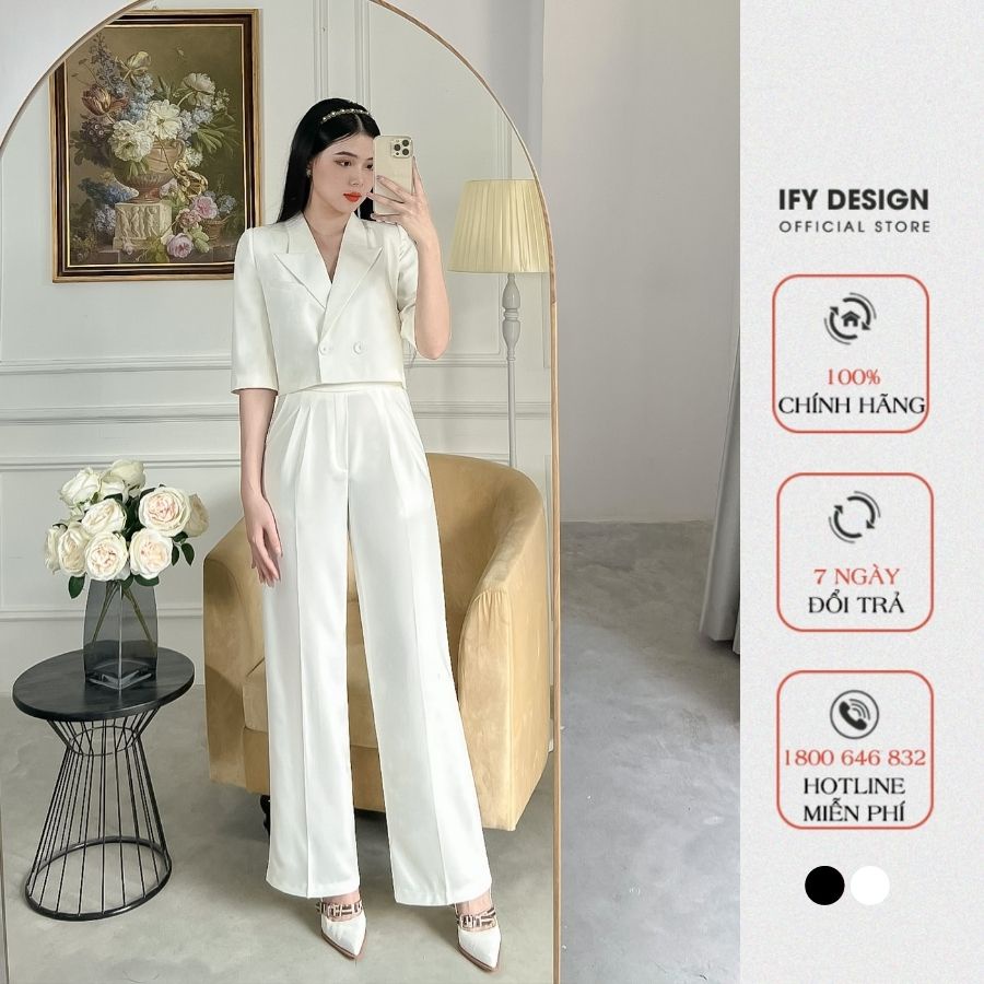Quần ống suông nữ cạp thêu hai màu trắng đen IFY Design FS147Q