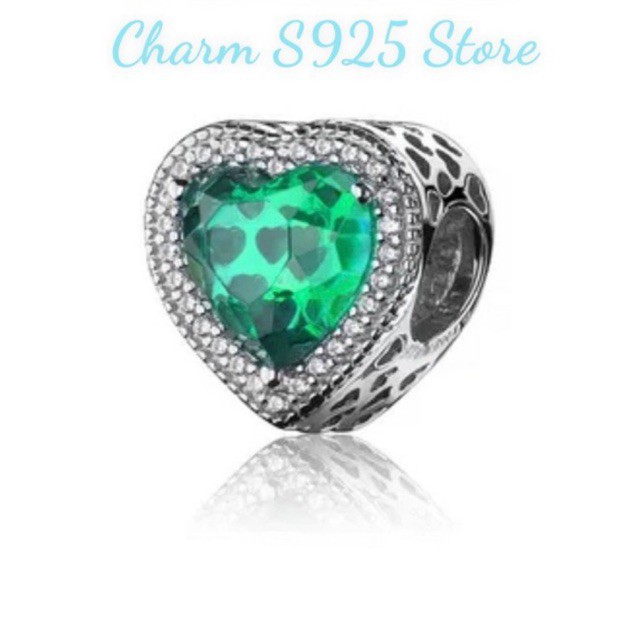 charm pan đá xanh mắt mèo viền tim bạc s925 cao cấp