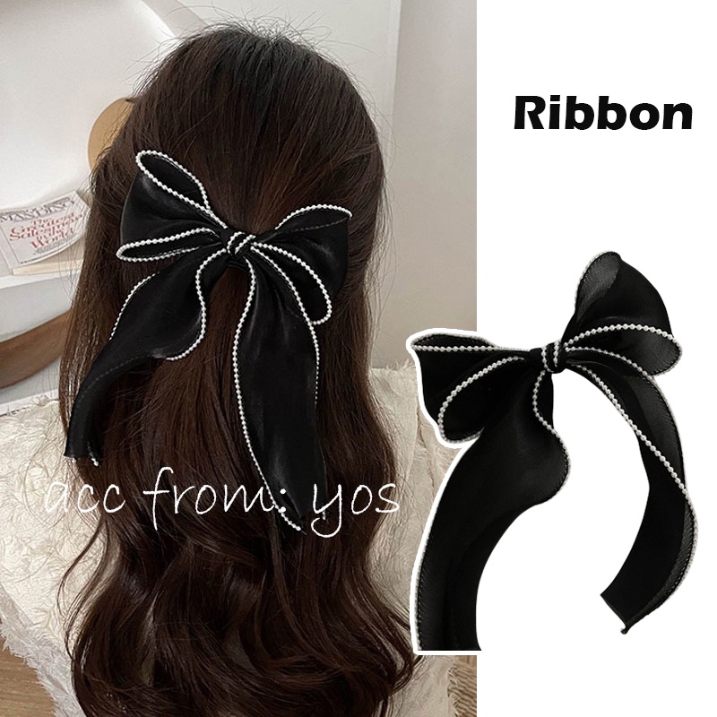 Kẹp tóc nơ vải Hàn Quốc viền hạt châu xinh xắn cho nữ