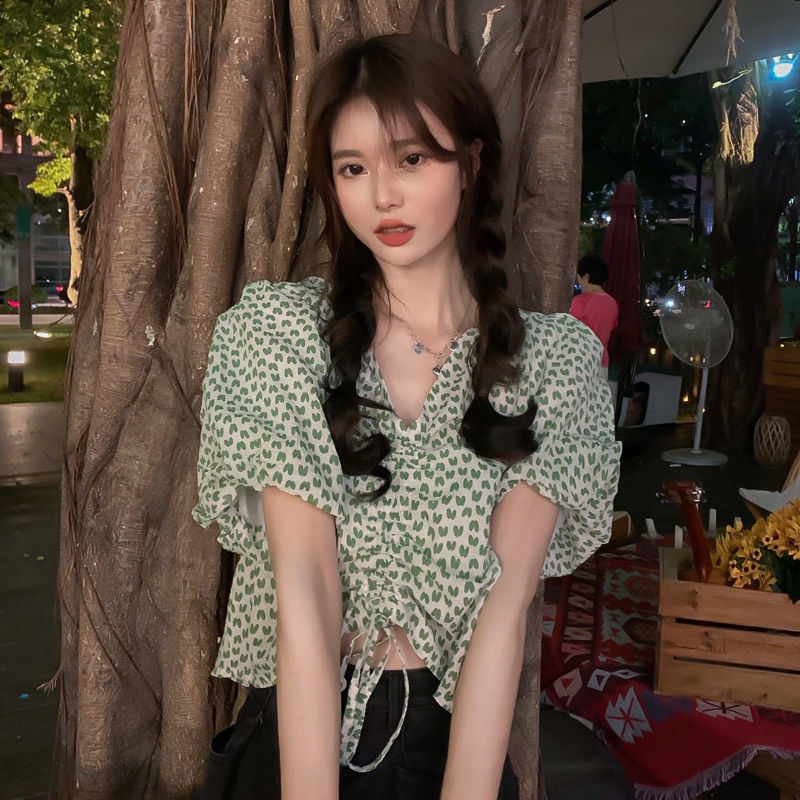 Áo Sơ Mi Ngắn Tay Cổ Chữ V Phối Dây Rút Thời Trang Mùa Hè Hàn Quốc Mới 2022 Dành Cho Nữ