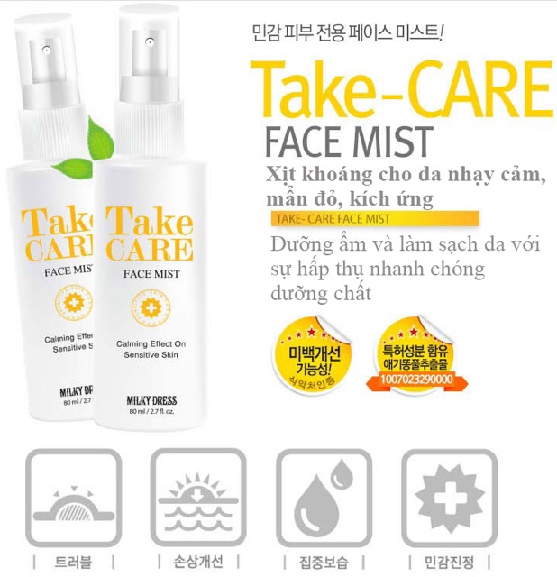 Xịt khoáng Milky Dress Take Care Face Mist  cho da nhạy cảm, mẩn đỏ, kích ứng 80ml