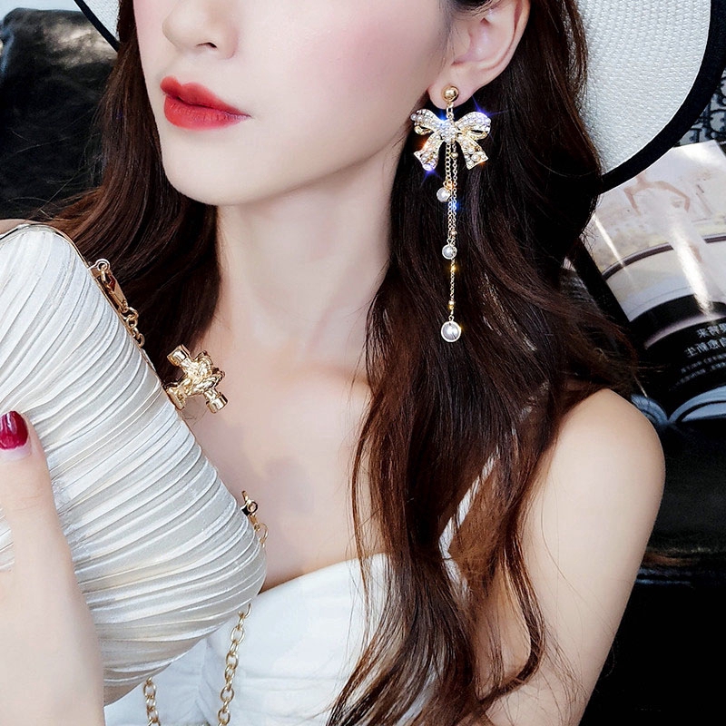 Khuyên tai kim bạc 925 mặt hình nơ đính đá quý lung linh dáng dài phong cách Hàn Quốc