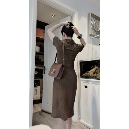 Váy body nâu cô bẻ đầm dáng dài chất tăm co giãn tốt-Minxy shop