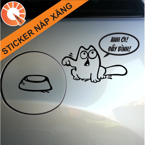 Sticker nắp xăng ô tô mèo đòi ĐẦY BÌNH 16x10cm