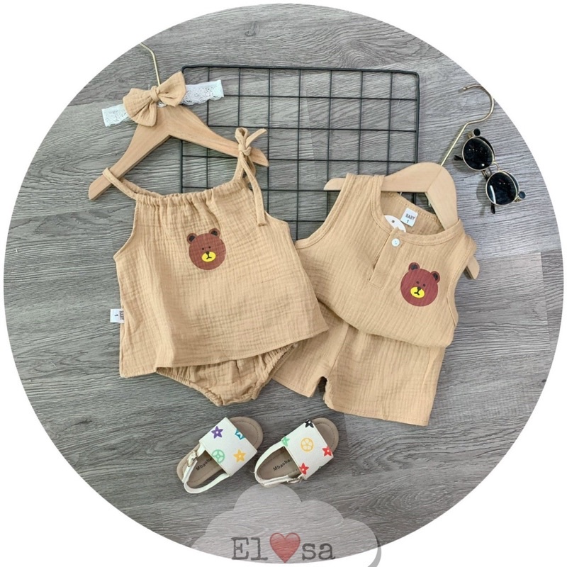 Bộ quần áo vải xô muslin kèm băng đô cho bé gái thêu hình gấu ( bộ 2 dây)