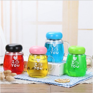 Cốc uống nước, pha trà thủy tinh có lưới lọc inox nắp màu cute