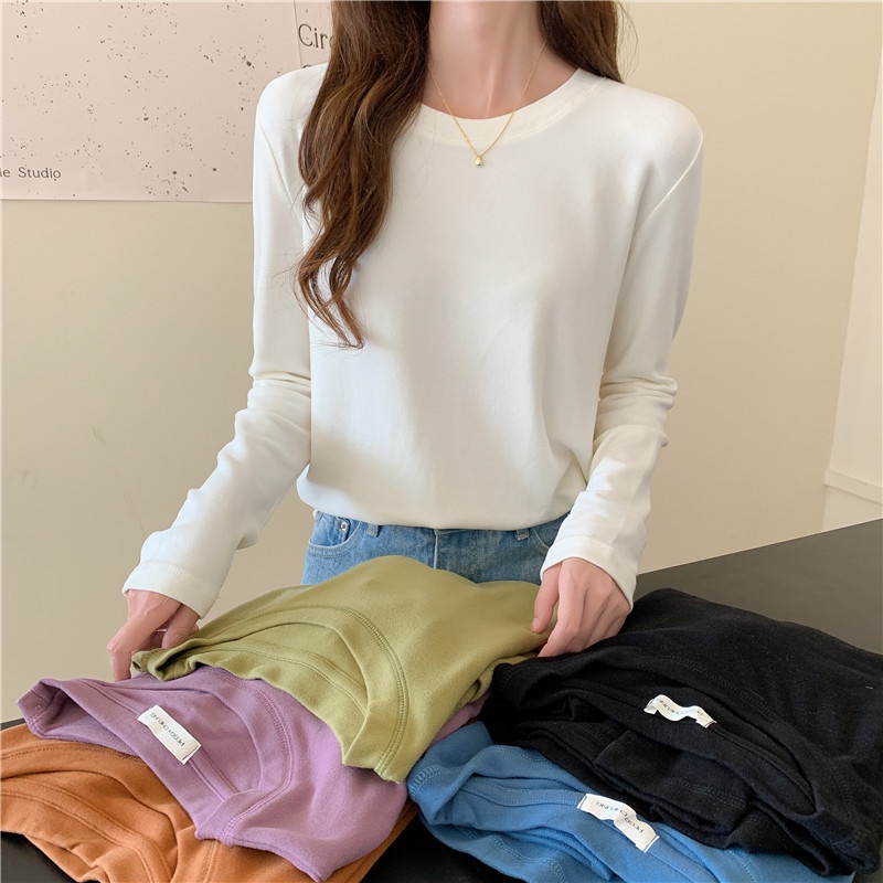 Áo thun NZN tay dài cổ tròn màu trơn thời trang Hàn Quốc cho nữ