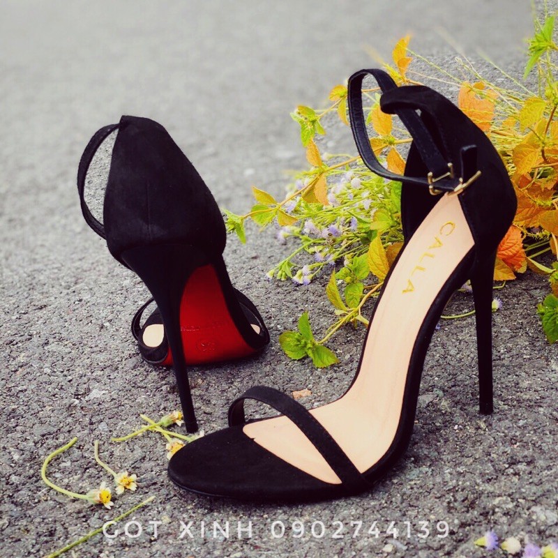 Giày sandal dây mảnh đen da lộn cao 7- 9-12p