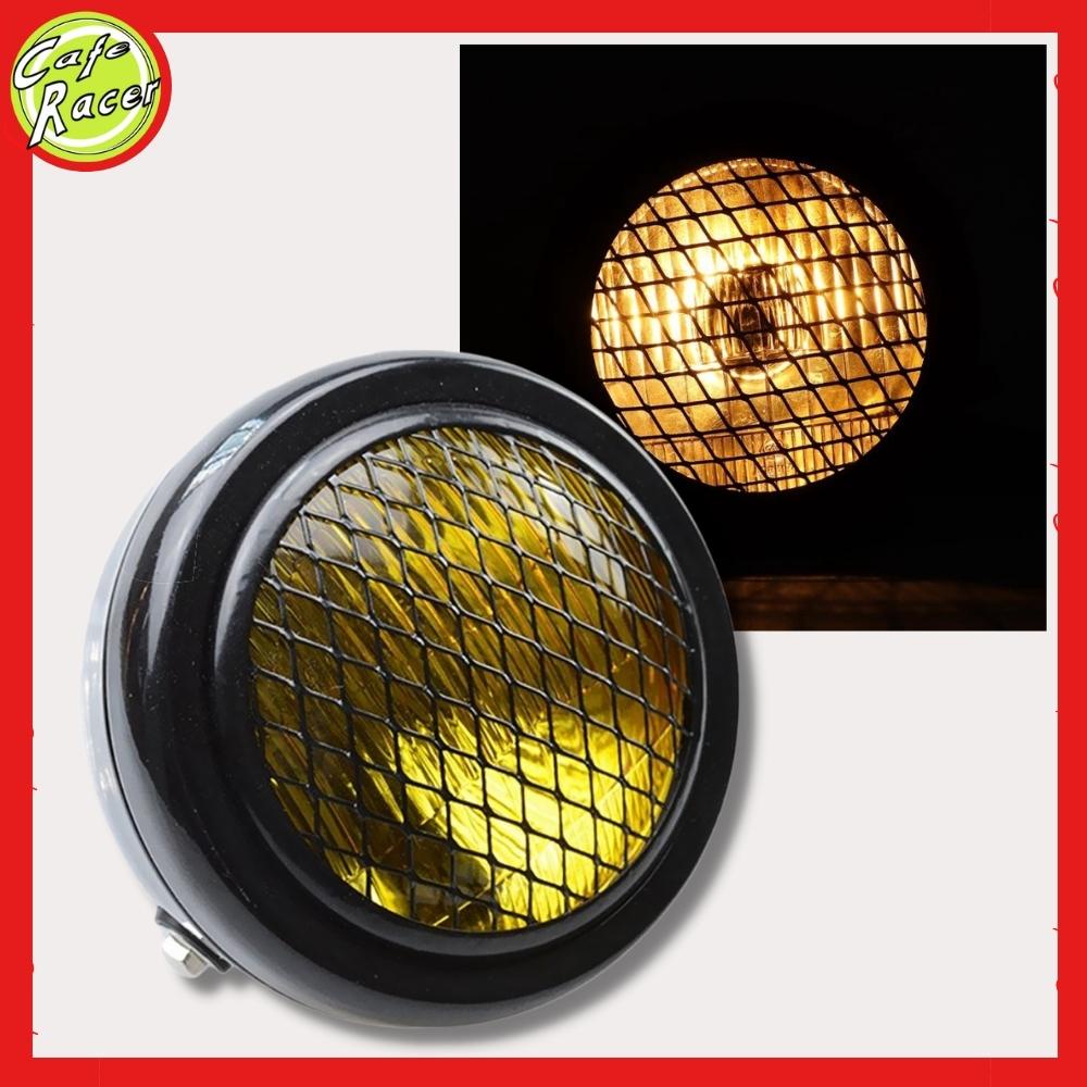 Đèn pha xe máy độ 6,5 icnh cho dòng xe classic gáo sắt sơn đen mặt kính thủy tinh sẵn lưới mắt cáo