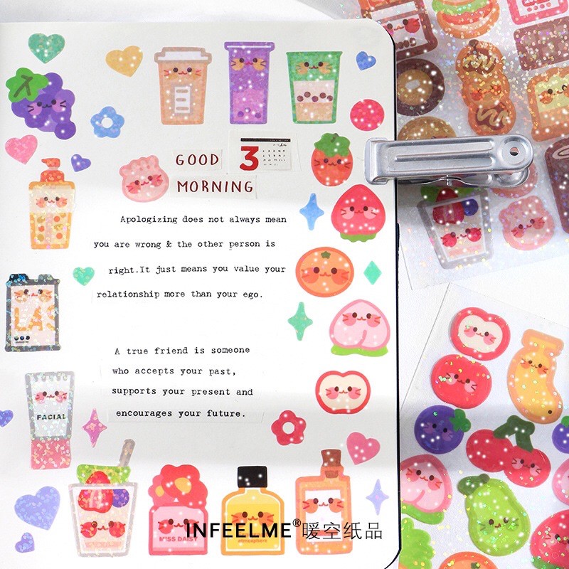 Sticker kim tuyến chủ đề nước uống thức ăn cute, hình chai lọ mỹ phẩm đáng yêu