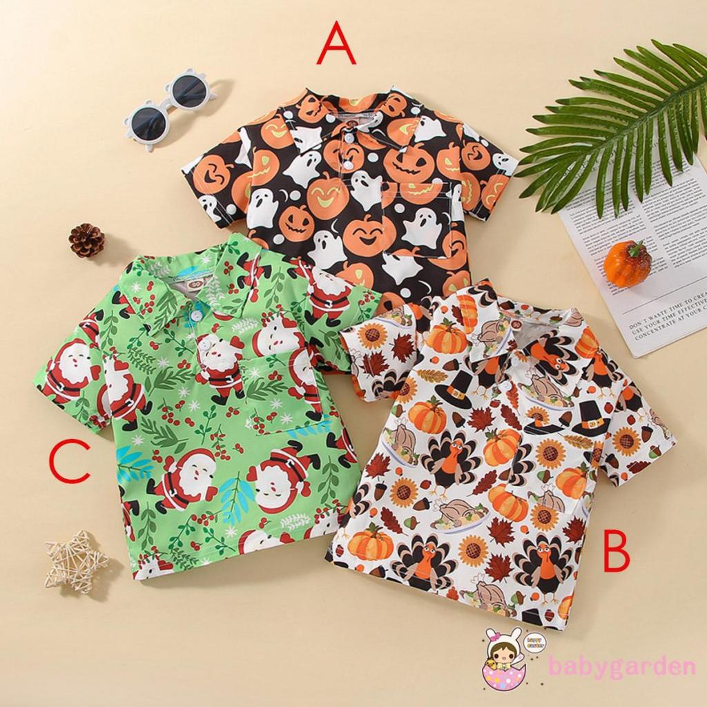 Áo Sơ Mi Ngắn Tay Cổ Bẻ In Họa Tiết Bí Ngô / Ông Già Noel / Gà Tây Cho Bé Trai 1-6 Tuổi