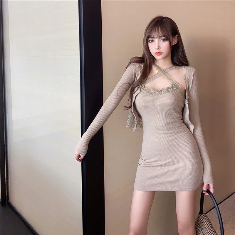 COZOK Set đầm hai dây + áo khoác cardigan tay dài thời trang cho nữ