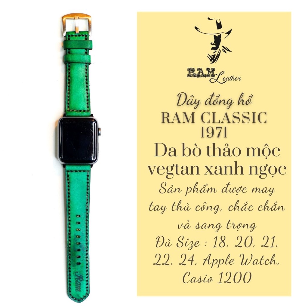 Dây đồng hồ RAM Leather vintage da bò Italia vegtan xanh ngọc RAM Leather