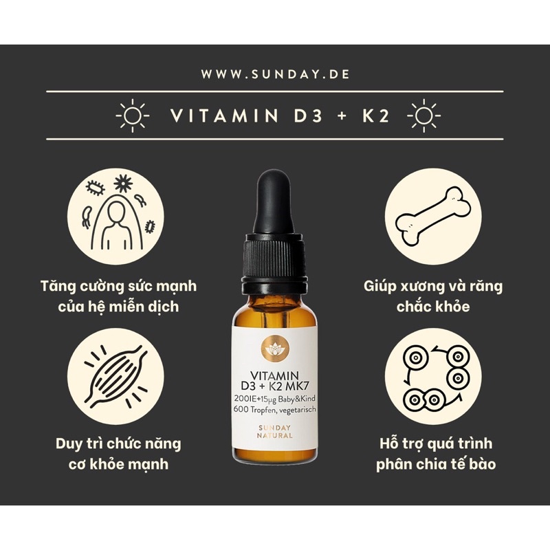 [NỘI ĐỊA ĐỨC] Vitamin D3 K2 MK7 Sunday Natural dạng giọt tăng hấp thụ canxi cho bé sơ sinh.