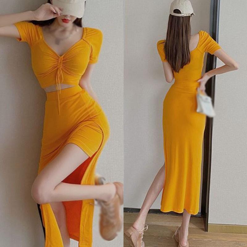 Bộ Áo Thun Dáng Ôm Cổ Chữ V + Chân Váy Xẻ Tà Quyến Rũ Phong Cách Hàn Quốc Cho Nữ