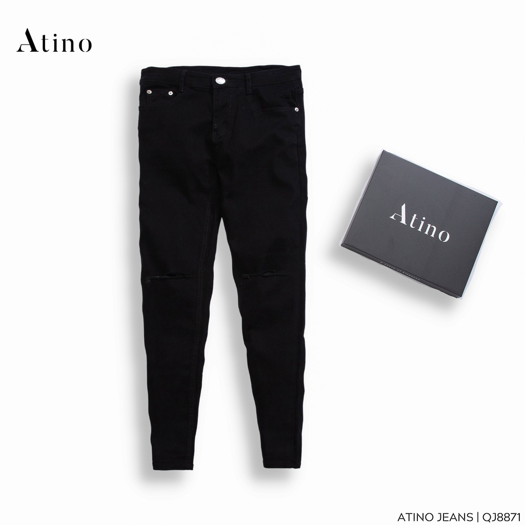 Quần Jean Nam Đen Rách Gối ATINO Chất Liệu Jean Pha Spandex Form Regular-Fit QJ8871