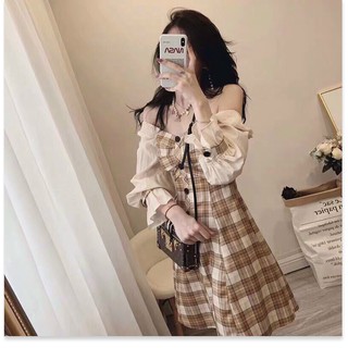 ( BIG SALE) ĐẦM TIỂU THƯ TRỄ VAI, TAY PHỒNG DÀI, DÁNG VÁY CARO CHỮ A, CHẤT VẢI ĐẦY ĐẶN MẶC LÊN FORM XINH LẮM NHA
