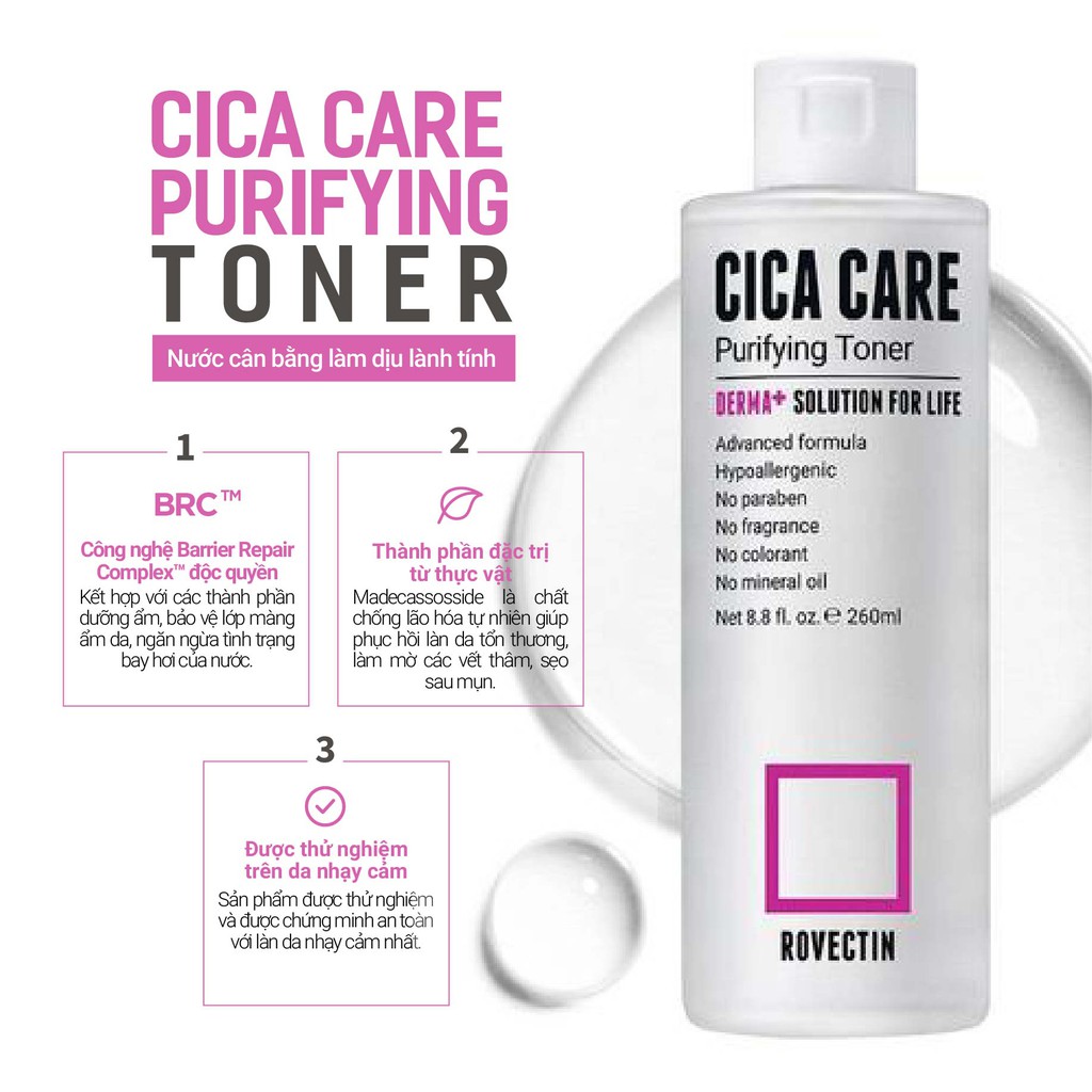 Nước cân bằng làm dịu cho da mụn ROVECTIN Skin Essentials Cica Care Purifying Toner