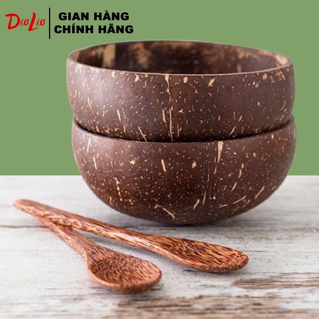 Bát gáo dừa + Muỗng gỗ dừa DioLio - Chén gáo dừa dùng ăn Granola, đựng sinh tố, kem, salad, chè, papaya