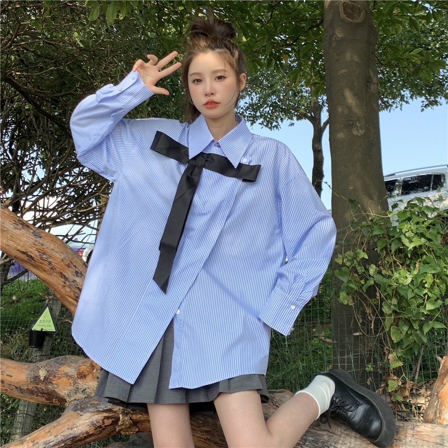 Áo Sơ Mi Tay Dài Dáng Rộng Cổ Thắt Nơ Thời Trang Cho Nữ