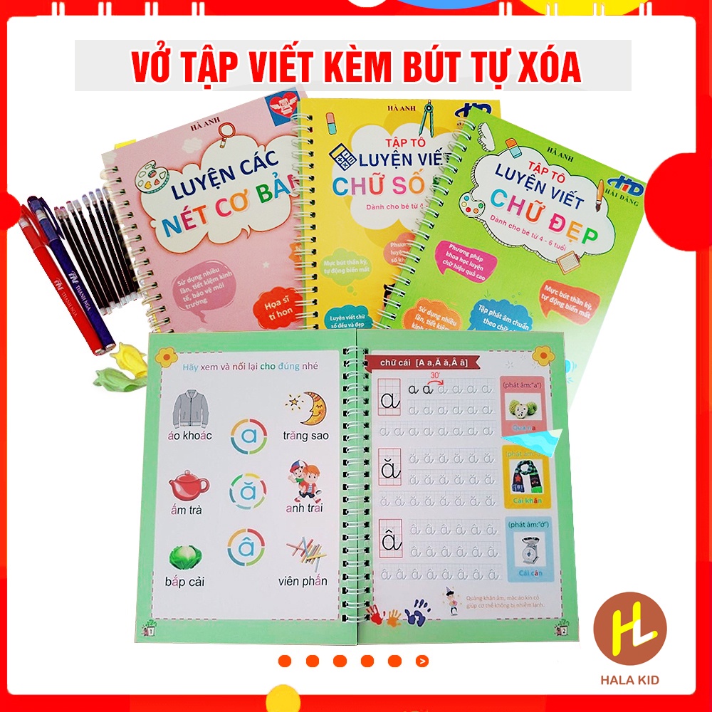 Bộ 3 Vở tập viết nét Lõm TỰ XÓA kèm bút tự bay màu cho bé luyện dễ dàng (2bút + 6ngòi + 2 định vị cầm bút)