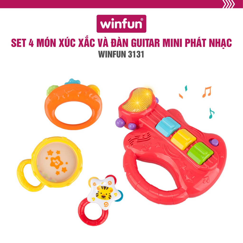 Set 4 món đồ chơi âm nhạc đàn Guitar kèm xúc xắc lục lạc cầm tay Winfun 3131 cho bé từ sơ sinh trở lên