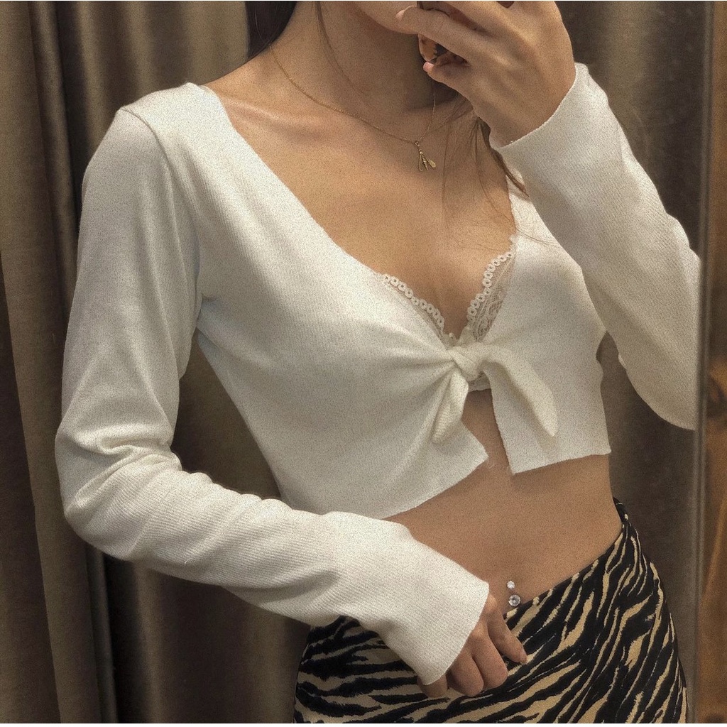 Áo croptop ôm tay dài màu trắng ôm body cột nơ phong cách sang chảnh, quyến rũ nhẹ nhàng chất thun gân Carrotxinhdep