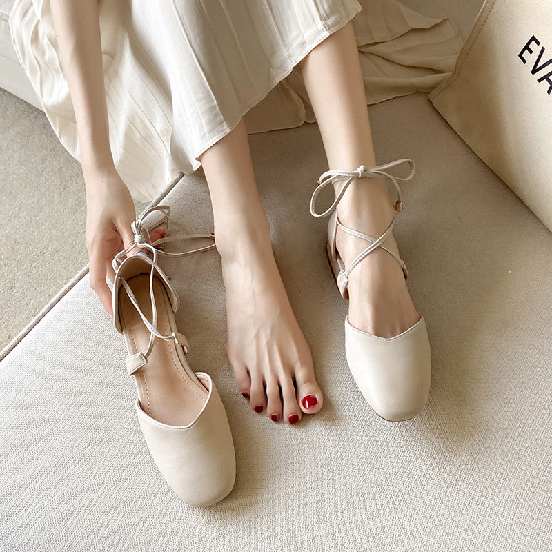 Giày sandal chất da mềm quai dây tự buộc bít mũi cao 3p màu trắng kem cực xinh cho nữ - Mã G46