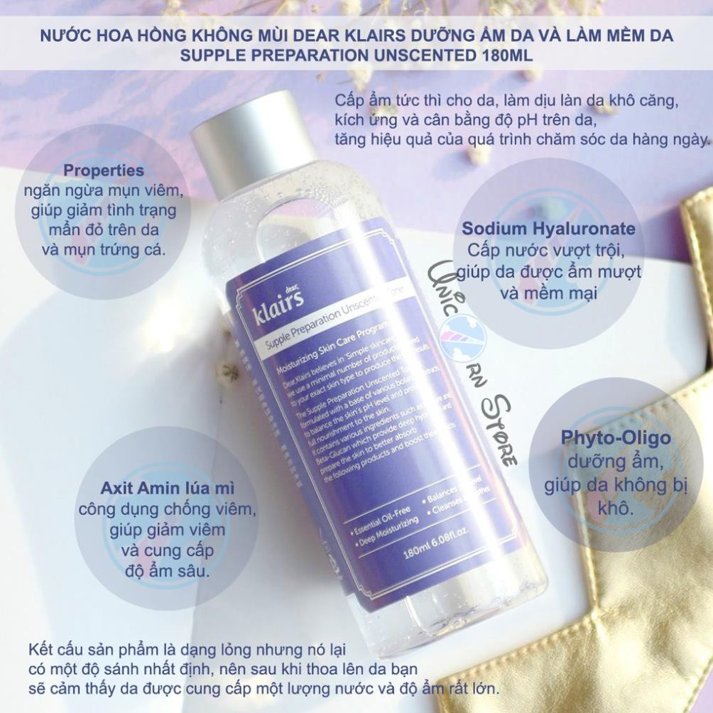 Hàng Hàn- Nước hoa hồng có mùi / không mùi Klairs Supple Preparation Toner 180ml