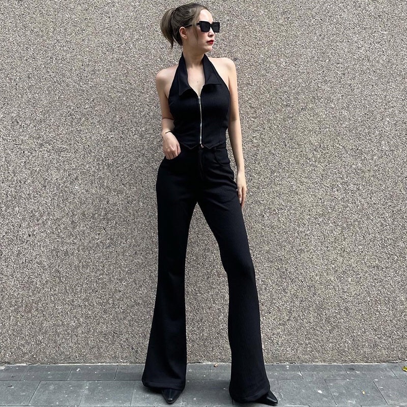 Áo yếm cột cổ Hở lưng Cổ Polo Sang chảnh Dự tiệc Áo croptop nữ Khóa zip kéo Cột dây Hàn Quốc Đi chơi Cao cấp
