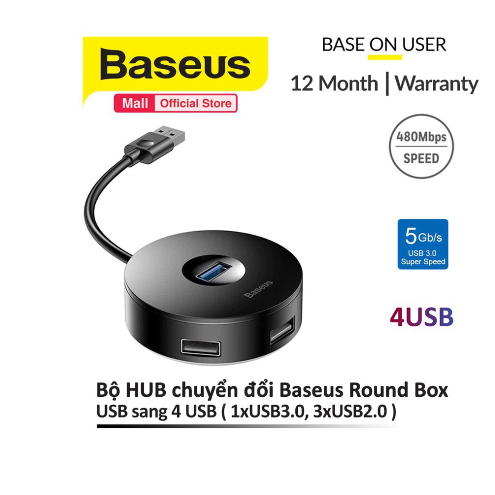 Bộ HUB chuyển đổi USB từ Type-A sang USB 3.0 Baseus Round Box HUB (CAHUB-F02) (4 cổng USB, 1xUSB3.0, 3xUSB2.0)