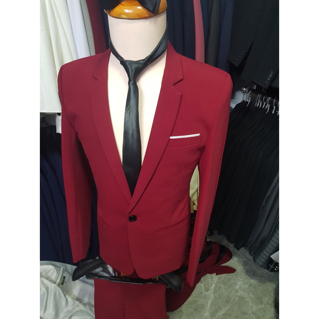 Bộ vest nam màu đỏ đô form ôm dáng chuẩn (áo+quần+cà vạt+nơ)