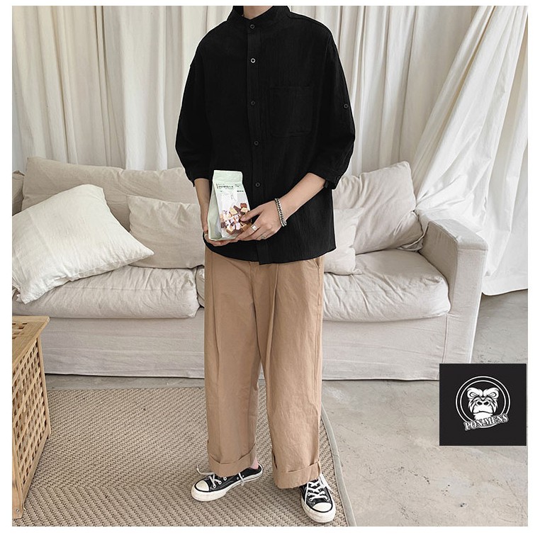 Áo sơ mi đũi nam form rộng tay lỡ phong cách Hàn Quốc 2021