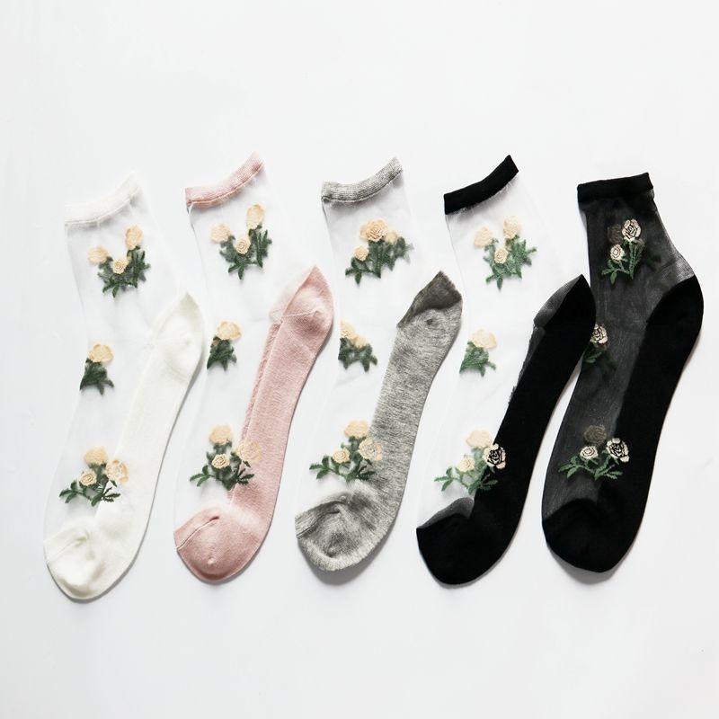Vớ Cotton Lụa Jacquard Thủy Tinh In Hoa Cho Nữ|Tất Chân Thiết Kế Đơn Giản Hợp Thời Trang
