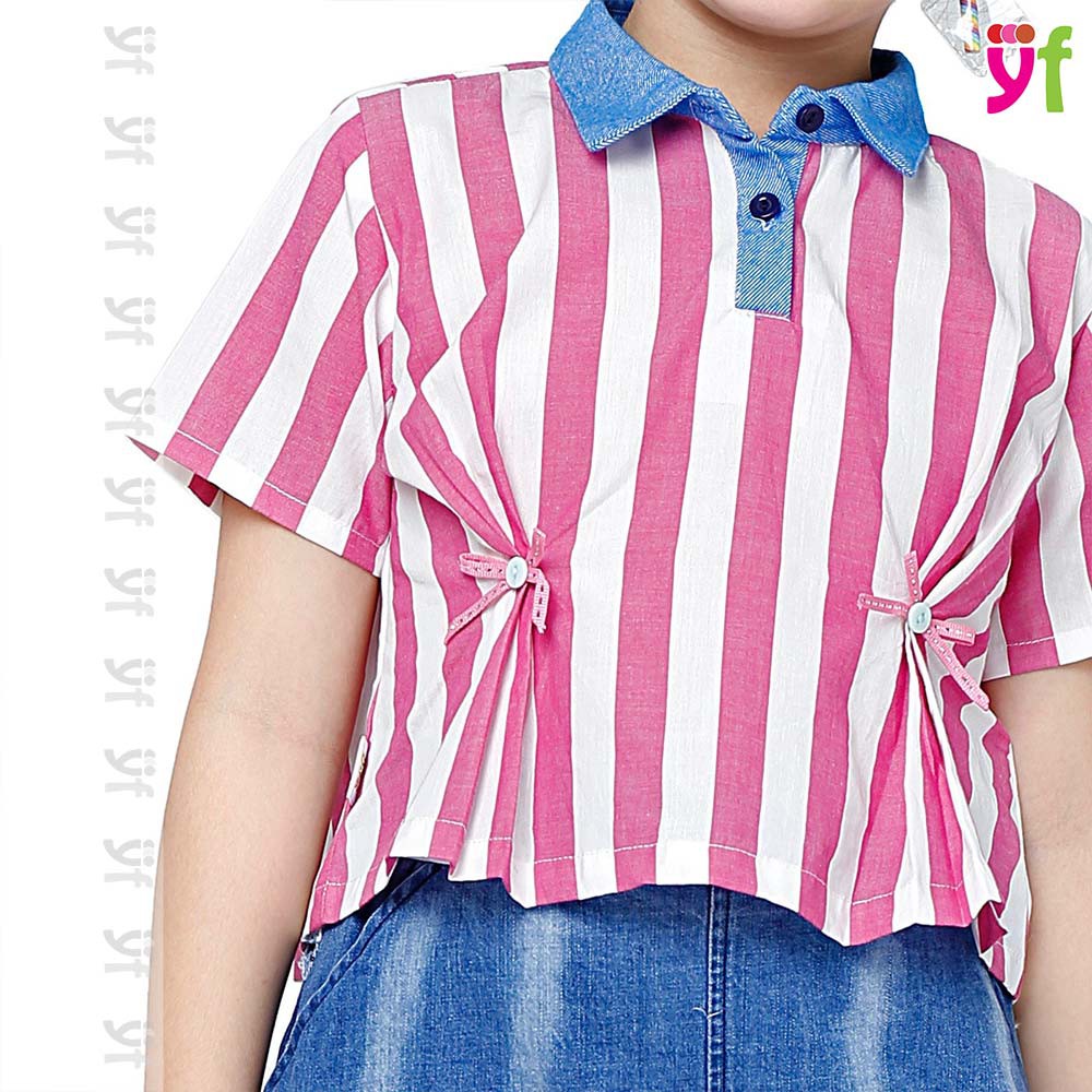 Áo kiểu bé gái YF thiết kế croptop phối cổ, 2 màu sọc xanh, hồng 9AX508