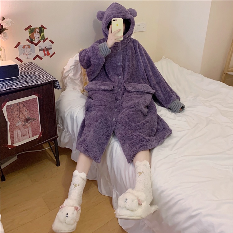 {Nightgown} Bộ Đồ Ngủ Vải Lông Hai Mặt Có Mũ Trùm Đầu Hình Gấu Dễ Thương Mặc Ở Nhà Ngoài Trời Thời Trang Thu Đông Cho Nữ 4JA9 * & & * | BigBuy360 - bigbuy360.vn