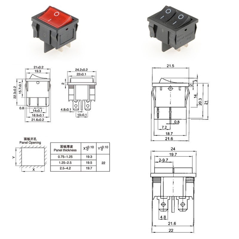 Công tắc bật-tắt/bật-tắt-bật 4 chấu 6 chấu 2/3 vị trí 15A/250VAC 21x24mm chuyên dụng