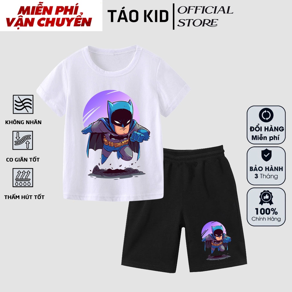 Đồ bộ bé trai, đồ bộ bé gái cộc tay Táo Kid chất cotton in hình Người Dơi từ 0 đến 10 tuổi TK107