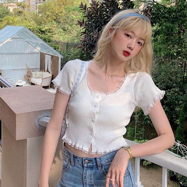 Xiaozhainv Áo croptop dệt kim ngắn tay phong cách gợi cảm cho nữ