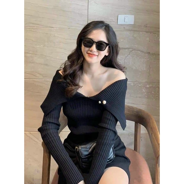Áo Len Nữ Dài Tay , Áo trễ vai cổ xẻ ngang gợi cảm phong cách ulzzang Hàn Quốc
