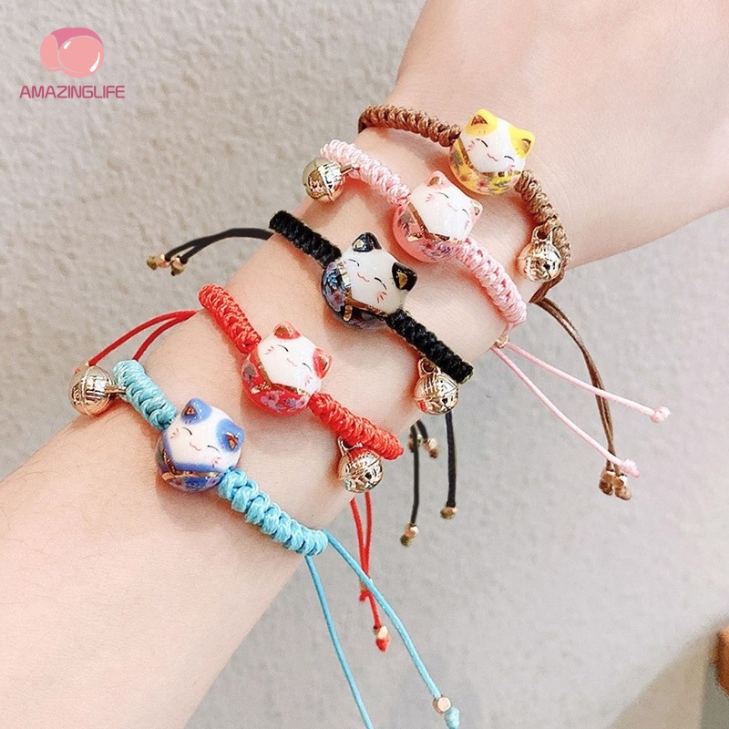 Vòng Đeo Tay May Mắn Đính Hạt Gốm Sứ Hình Mèo Dễ Thương Có Thể Điều Chỉnh