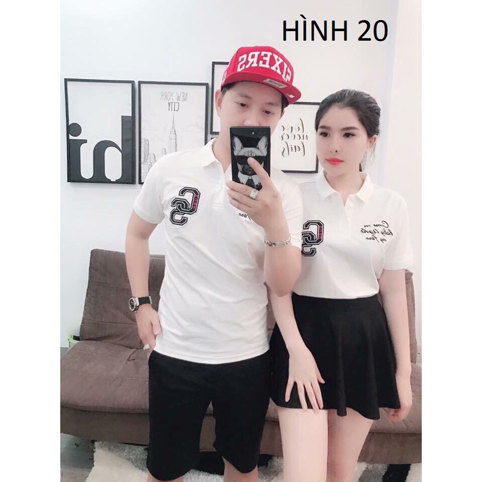 [S03] Áo thun cặp cổ trụ phối họa tiết hoa hàng chuẩn shop - AT017