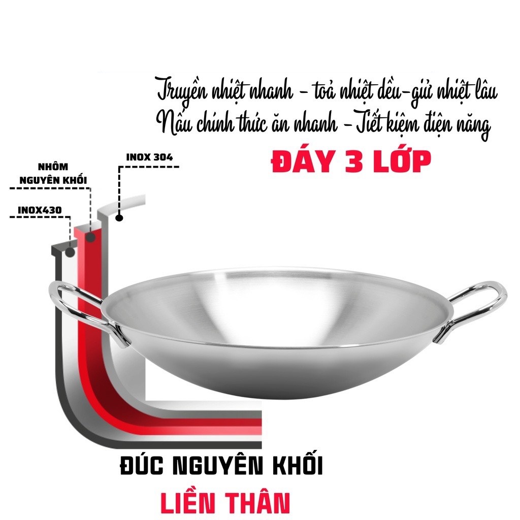 Chào Xào Inox 304 Thân Đúc Đáy Liền Fivestar Plus 36cm, Bảo Hành 5 Năm