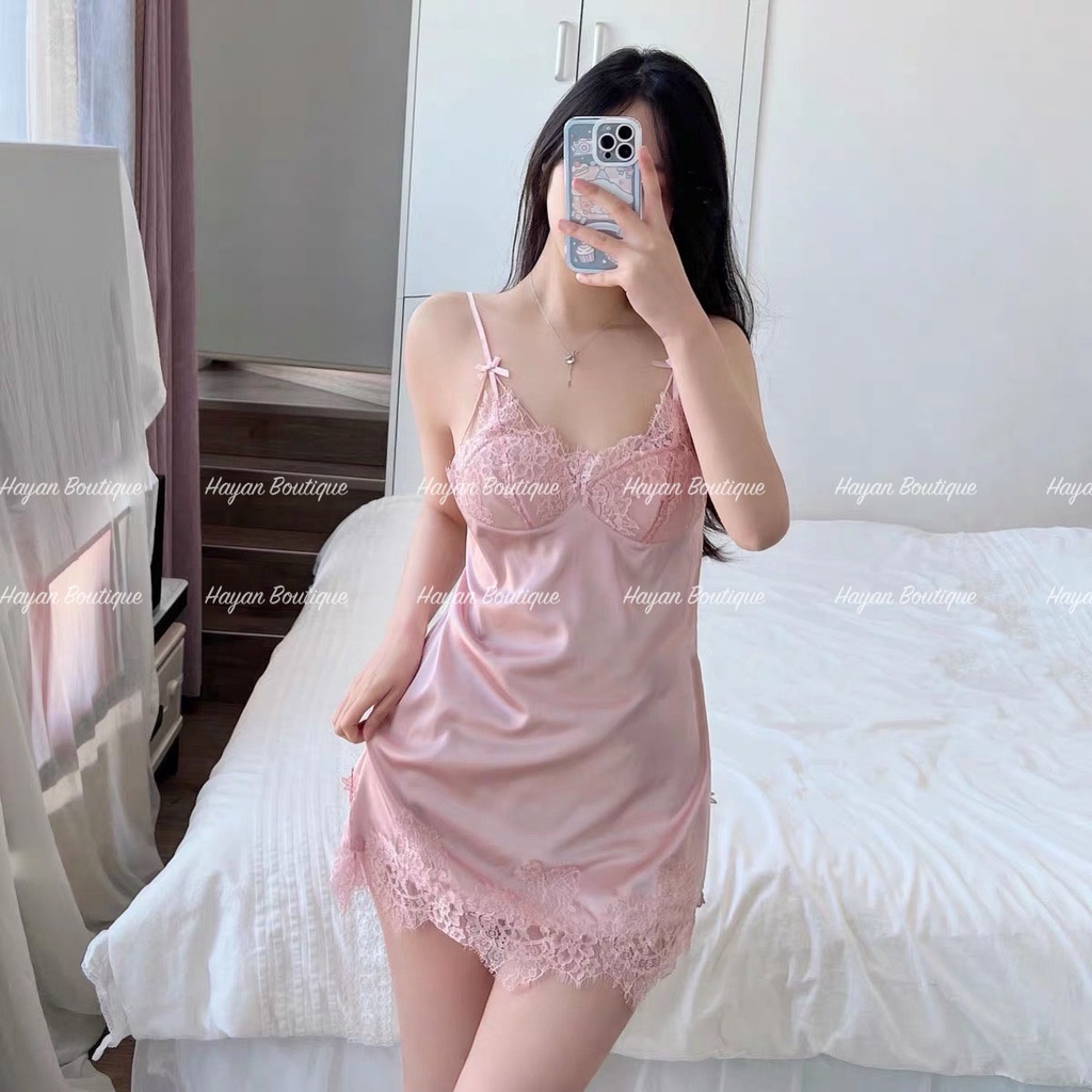 HT59 Váy ngủ sexy phối ren dây ngực quyến rũ, đồ ngủ lụa dáng xuông gợi cảm HT59
